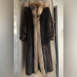 Luxurious Genuine Brown Mink Fur and Crystal Fox Fur Hooded Full Length Coat